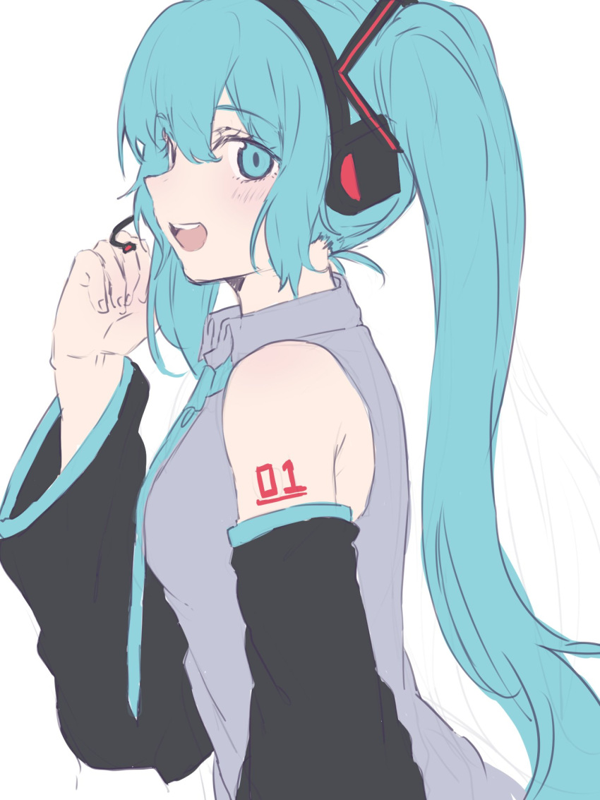 1girl aqua_eyes aqua_hair aqua_necktie bare_shoulders black_sleeves commentary detached_sleeves grey_shirt hand_up hatsune_miku headphones headset heremia highres long_hair looking_at_viewer necktie number_tattoo open_mouth shirt shoulder_tattoo solo symbol-only_commentary tattoo teeth twintails upper_body upper_teeth_only very_long_hair vocaloid white_background