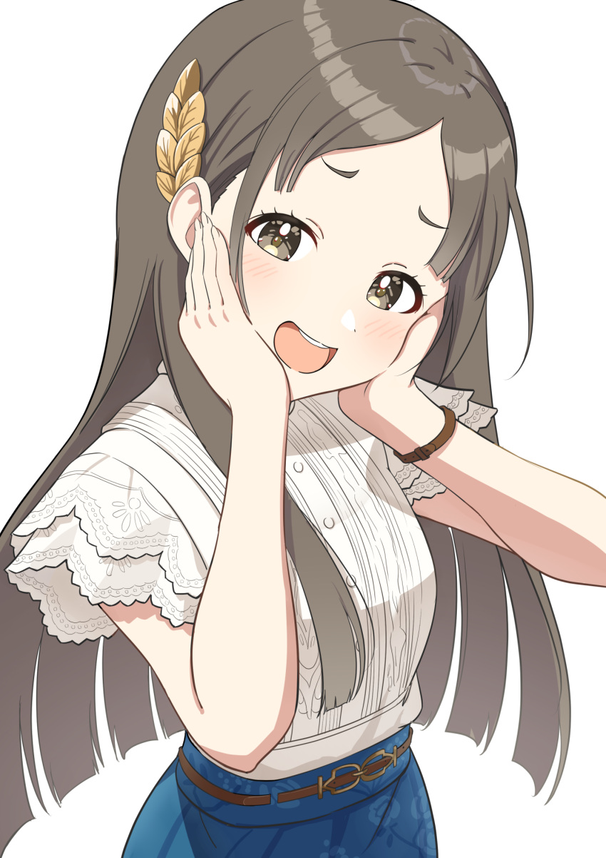 1girl alternate_costume black_hair blush breasts brown_eyes casual commentary_request forehead gakuen_idolmaster hair_ornament hands_on_own_cheeks hands_on_own_face highres idolmaster kuramoto_china long_hair looking_at_viewer open_mouth osoba_susurukun simple_background small_breasts solo white_background