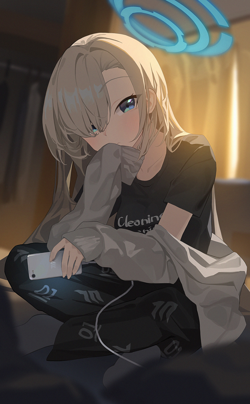 1girl absurdres asuna_(blue_archive) black_pants black_shirt blue_archive blue_eyes blue_halo blush cellphone closed_mouth grey_jacket hair_over_one_eye halo highres holding holding_phone indoors jacket light_brown_hair long_hair long_sleeves looking_at_viewer nnmbpx pants phone shirt short_sleeves sitting smartphone socks solo white_socks