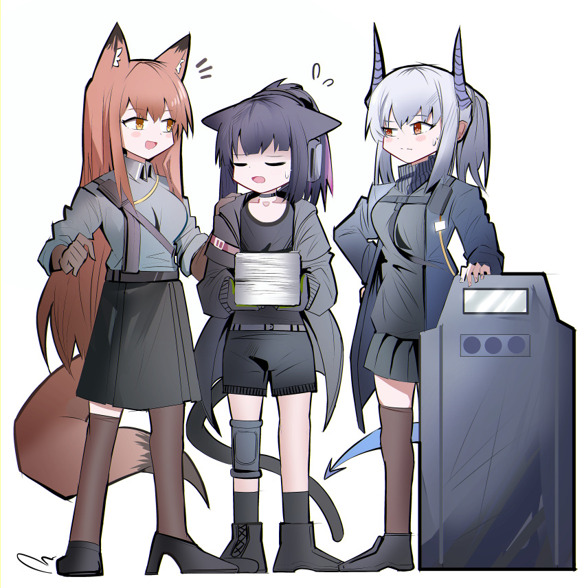 3girls :d absurdres animal_ear_fluff animal_ears arknights black_footwear black_hair black_shirt black_shorts black_skirt black_socks blue_jacket breasts brown_eyes brown_gloves brown_hair brown_pantyhose brown_thighhighs cat_ears cat_girl cat_tail closed_eyes collared_shirt ear_protection flying_sweatdrops franka_(arknights) gloves grey_hair grey_jacket grey_shirt half-closed_eye hand_on_another's_shoulder hand_on_own_hip high_heels highres horns jacket jessica_(arknights) knee_pads liskarm_(arknights) long_hair medium_breasts multicolored_hair multiple_girls notice_lines open_clothes open_jacket over-kneehighs pantyhose paper_stack pleated_skirt ponytail purple_hair riot_shield shield shirt shoes shorts simple_background single_knee_pad single_leg_pantyhose single_over-kneehigh single_thighhigh skirt smile socks spam_(spamham4506) standing streaked_hair sweat tail thigh-highs uneven_eyes very_long_hair white_background
