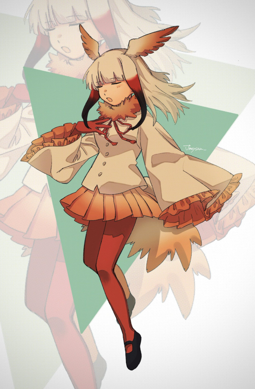 1girl bird_tail black_footwear blunt_bangs breasts closed_eyes commentary_request frilled_sleeves frills full_body fur_collar gloves hand_up head_wings highres japanese_crested_ibis_(kemono_friends) jmeysan kemono_friends long_hair long_sleeves medium_breasts multicolored_hair open_mouth pantyhose pleated_skirt red_gloves red_pantyhose redhead shoes sidelocks skirt solo standing tail triangle white_hair wide_sleeves wings zoom_layer