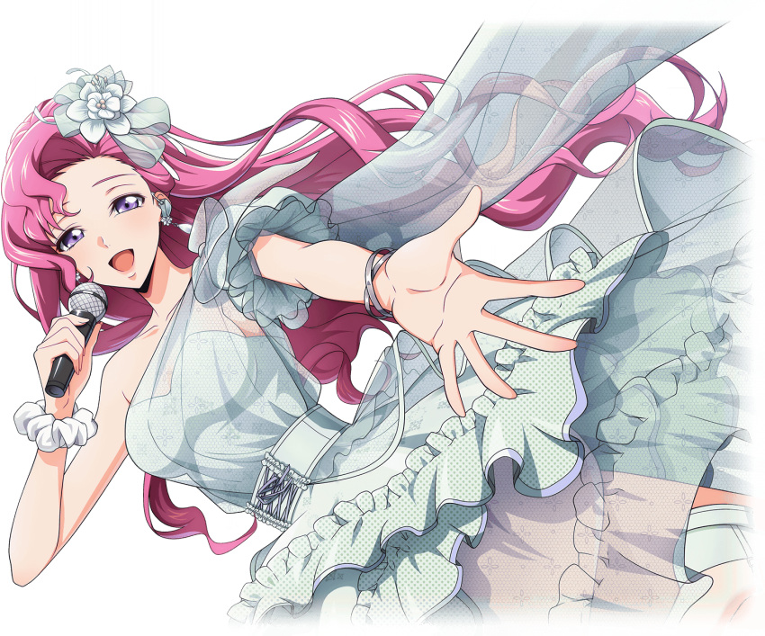 1girl alpha_transparency artist_request bangle blush bracelet breasts code_geass code_geass:_lost_stories collarbone dress dutch_angle earrings euphemia_li_britannia flower frilled_dress frills game_cg hair_flower hair_ornament half-closed_eyes hand_up happy highres holding holding_microphone jewelry leg_up long_hair looking_at_viewer medium_breasts microphone music non-web_source official_art open_mouth outstretched_arm pink_hair reaching reaching_towards_viewer scrunchie see-through see-through_dress shoes short_sleeves sidelocks simple_background singing single_bare_shoulder single_sleeve smile solo spread_fingers standing standing_on_one_leg transparent_background unmoving_pattern violet_eyes white_dress white_flower white_footwear white_scrunchie wrist_scrunchie