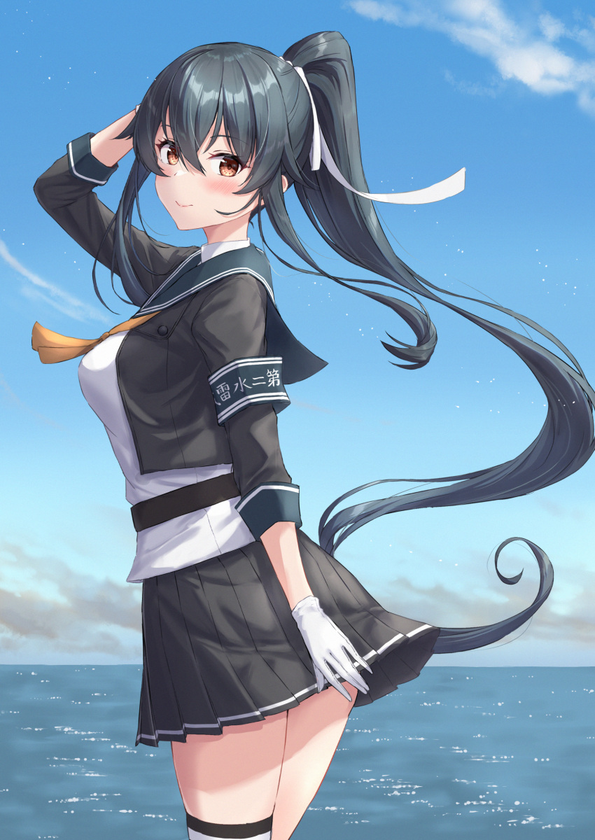 1girl arm_behind_head arm_up armband black_hair black_jacket black_sailor_collar black_skirt blue_sky blush breasts brown_eyes closed_mouth clouds commentary_request cropped_jacket day garter_straps gloves hair_between_eyes hair_ribbon highres horizon jacket kantai_collection long_hair long_sleeves looking_at_viewer looking_to_the_side medium_breasts monoku neckerchief ocean open_clothes open_jacket orange_neckerchief outdoors pleated_skirt ponytail red_eyes ribbon sailor_collar school_uniform shirt sidelocks single_thighhigh skirt sky smile solo thigh-highs very_long_hair water white_gloves white_ribbon white_shirt white_thighhighs yahagi_(kancolle) yahagi_kai_ni_(kancolle)