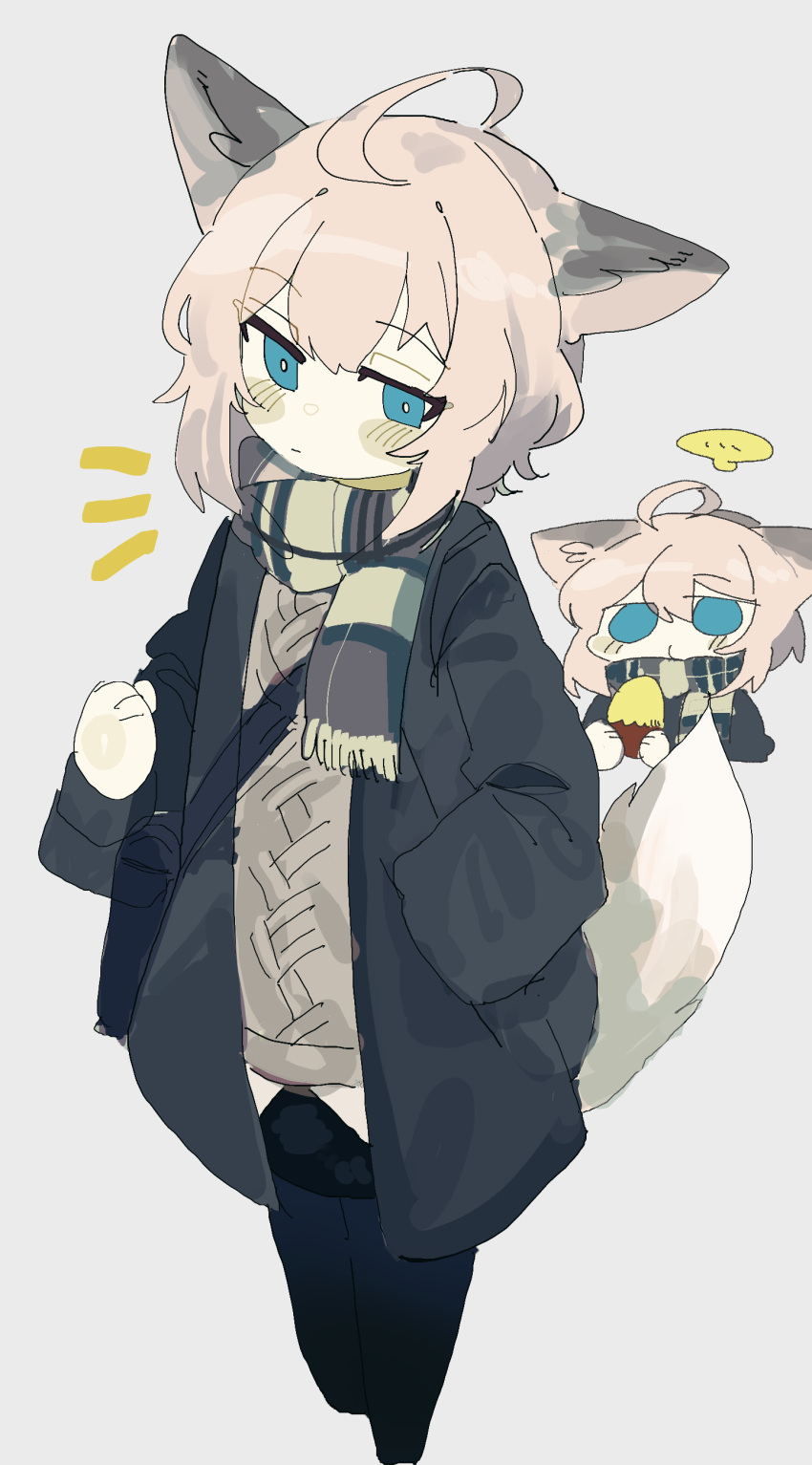 ... 1girl absurdres ahoge animal_ears arknights bag bell black_coat black_jacket black_thighhighs blue_eyes blush blush_stickers bright_pupils brown_hair cable_knit chibi closed_mouth coat cropped_legs eating food fox_ears fox_girl fox_tail green_scarf hand_in_pocket highres holding jacket long_sleeves looking_at_viewer multiple_views no_pupils notice_lines odmised open_clothes open_coat open_jacket scarf short_hair shoulder_bag simple_background speech_bubble spoken_ellipsis striped_clothes striped_scarf sussurro_(arknights) sweater sweet_potato tail thigh-highs white_background white_pupils