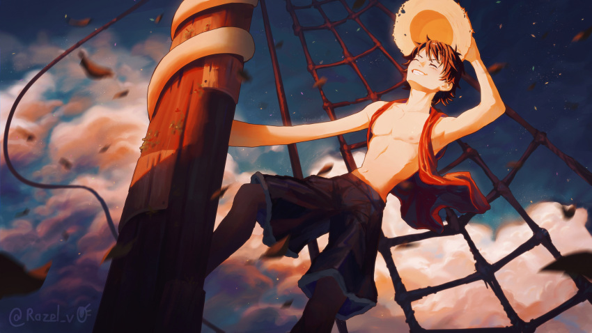 1boy absurdres artist_name bare_arms bare_shoulders black_hair clouds feet_out_of_frame grin happy hat highres holding holding_clothes holding_hat inktober male_focus mast monkey_d._luffy navel nipples nose one_piece outdoors razel_v0 red_vest scar scar_on_face ship short_hair shorts sidelighting sky smile solo standing straw_hat sunlight toned toned_male vest watercraft