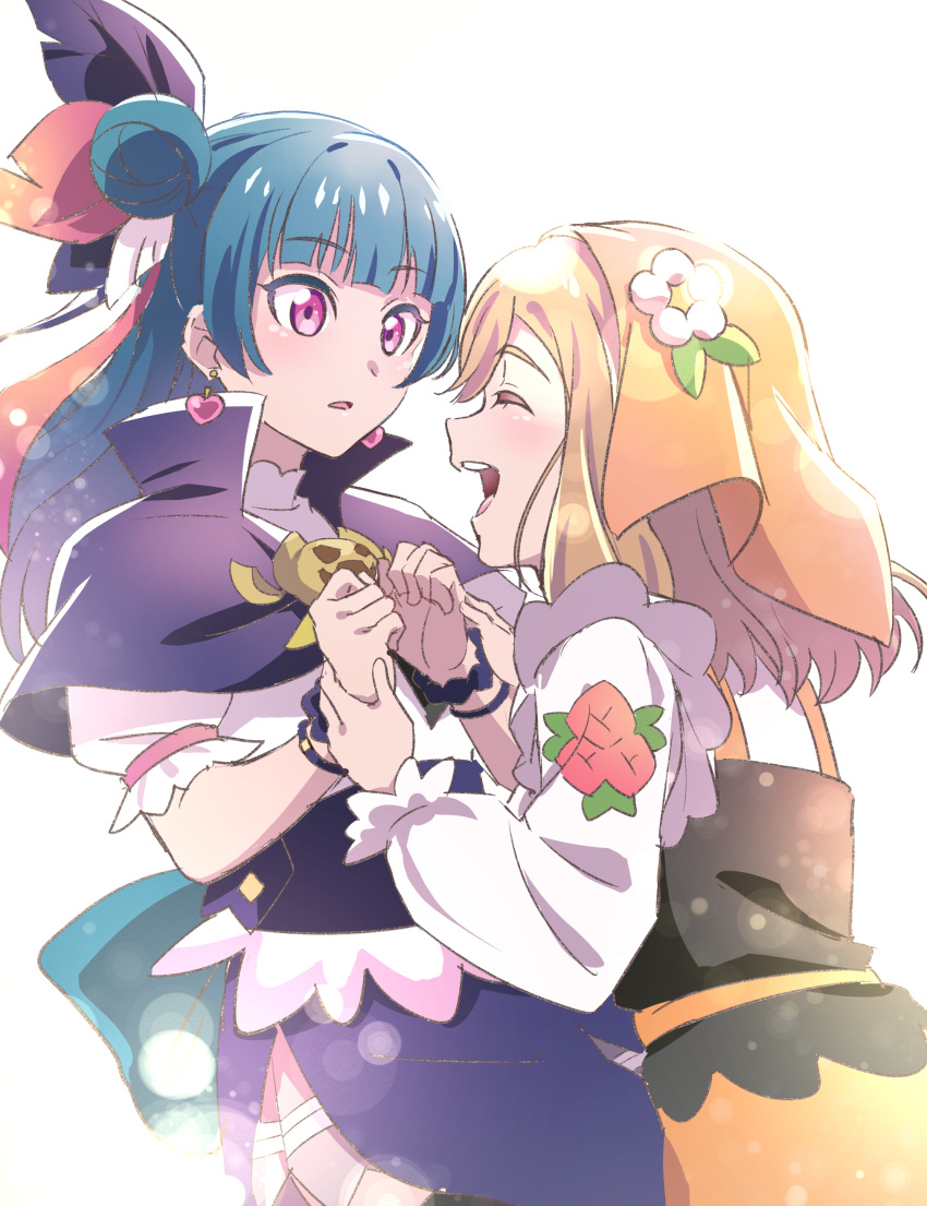2girls :d absurdres back_bow black_scrunchie blue_bow blue_hair blunt_bangs bow bracelet capelet closed_eyes earrings feather_hair_ornament feathers genjitsu_no_yohane hair_bun hair_ornament hanamaru_(genjitsu_no_yohane) heart heart_earrings highres jewelry lens_flare light_brown_hair long_hair long_sleeves looking_at_another love_live! love_live!_sunshine!! multiple_girls profile purple_capelet purple_feathers red_eyes red_feathers scrunchie shirt short_sleeves smile vorupi white_background white_shirt wrist_scrunchie yohane_(genjitsu_no_yohane)