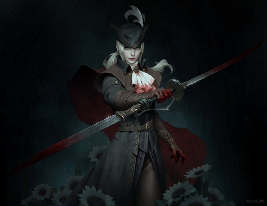 1girl ascot blood blood_on_clothes blood_stain bloodborne double-blade flower gem hat hat_feather highres lady_maria_of_the_astral_clocktower long_hair looking_at_viewer rakuyo_(bloodborne) solo threaded_cane tricorne wayne_wu white_ascot