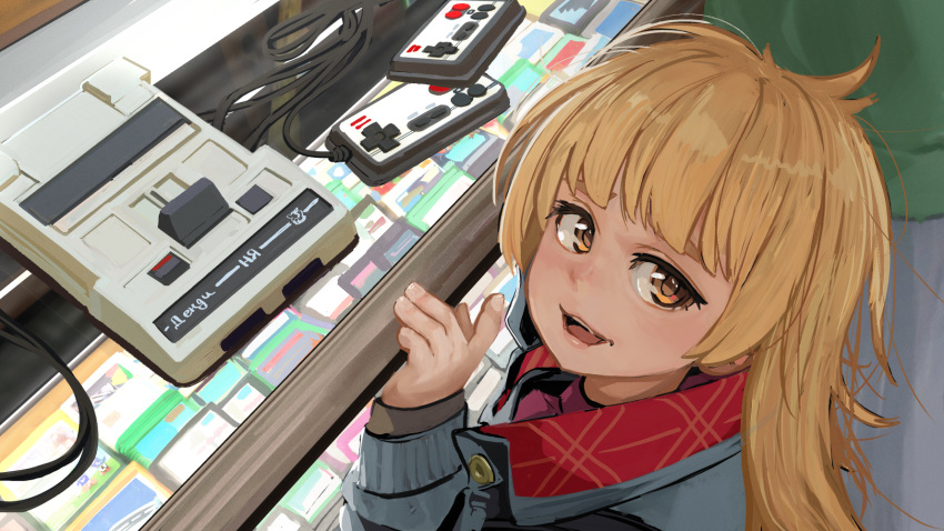 1girl :3 :d blonde_hair coat commentary controller cowlick dendy display_case eyelashes from_above game_cartridge game_console game_controller gamepad grey_coat highres long_hair long_sleeves looking_at_viewer looking_to_the_side looking_up loose_hair_strand messy_hair mixed-language_commentary open_mouth original purple_shirt red_coat russian_commentary servachok shirt shop smile solo thick_eyebrows two-sided_fabric yellow_eyes zhenya_(servachok)