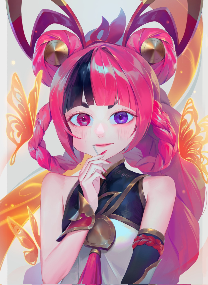1girl bare_shoulders black_hair blush braid bug butterfly character_request double_bun hair_bun hand_up heterochromia highres league_of_legends long_hair multicolored_hair pink_eyes pink_hair pink_nails shiny_clothes smile solo syami_(choiimi) twin_braids twintails two-tone_hair upper_body violet_eyes zoe_(league_of_legends)