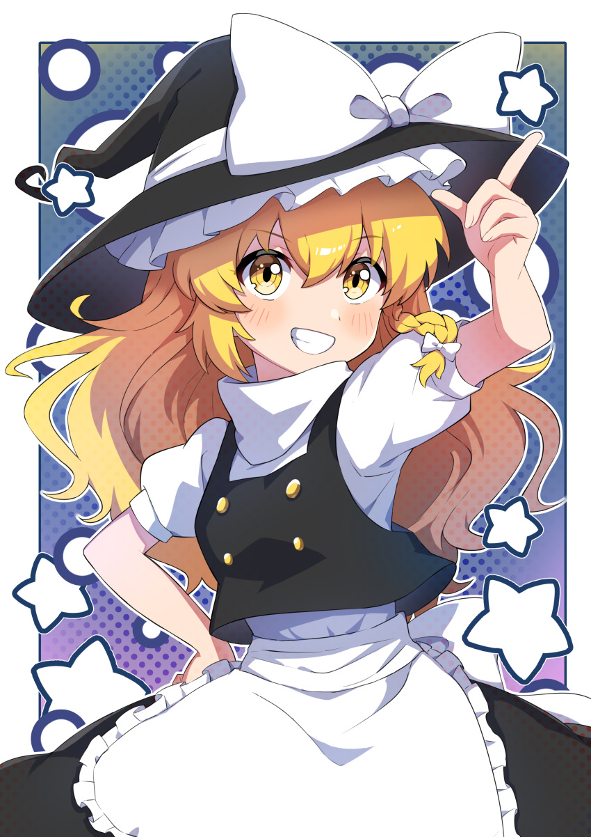 1girl absurdres apron arm_up back_bow black_dress black_hat blonde_hair blue_background blush border bow braid buttons closed_mouth dress eyes_visible_through_hair frills gradient_background grin hair_between_eyes hair_bow hand_on_own_hip hand_up hat hat_bow highres kirisame_marisa long_hair looking_up miz_(mizillustration) pointing polka_dot polka_dot_background puffy_short_sleeves puffy_sleeves purple_background shirt short_sleeves single_braid smile solo standing star_(symbol) teeth touhou white_apron white_border white_bow white_shirt witch_hat yellow_eyes