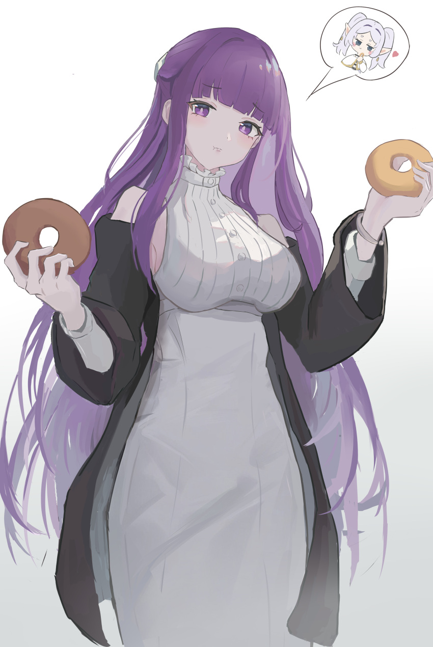 2girls absurdres bare_shoulders black_robe blush breasts collar commentary cowboy_shot doughnut dress elf fern_(sousou_no_frieren) food frilled_collar frills green_eyes grey_hair hands_up heart high_collar highres holding holding_doughnut holding_food large_breasts long_hair long_sleeves multiple_girls off_shoulder pancake-haluka pointy_ears pout purple_hair robe simple_background sleeveless sleeveless_dress sousou_no_frieren spoken_character violet_eyes white_background white_dress wristband