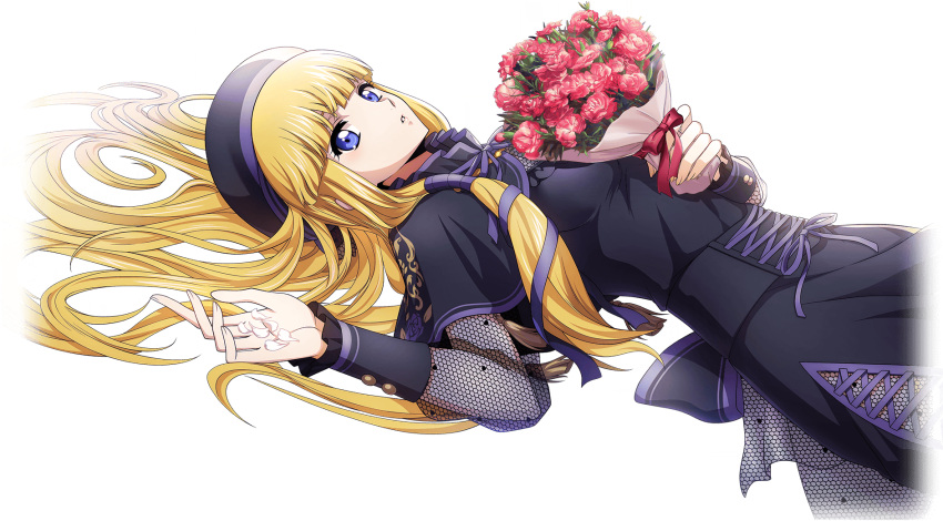 1girl artist_request back_bow beret black_bow black_capelet black_dress black_hat blonde_hair blue_eyes blunt_bangs bouquet bow breasts capelet code_geass code_geass:_lost_stories cross-laced_clothes cross-laced_dress dress flower from_side game_cg hair_spread_out hand_up hat highres holding holding_bouquet holding_petal long_hair long_sleeves looking_at_viewer lying medium_breasts monica_kruszewski non-web_source official_art on_back parted_lips petals purple_ribbon red_bow red_flower red_rose ribbon rose see-through see-through_sleeves side_slit sidelocks simple_background solo teeth transparent_background