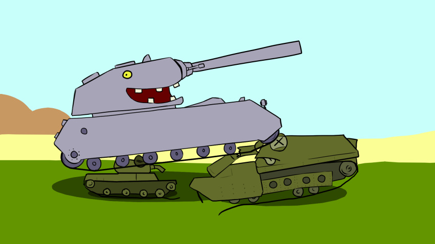 bernard_(zergchu) highres maus_(tank) maus_(tankoon) military_vehicle motor_vehicle object_261 object_261_(tanktoon) ranzar t-50-2 t-50-2_(tanktoon) tank tanktoon yellow_eyes