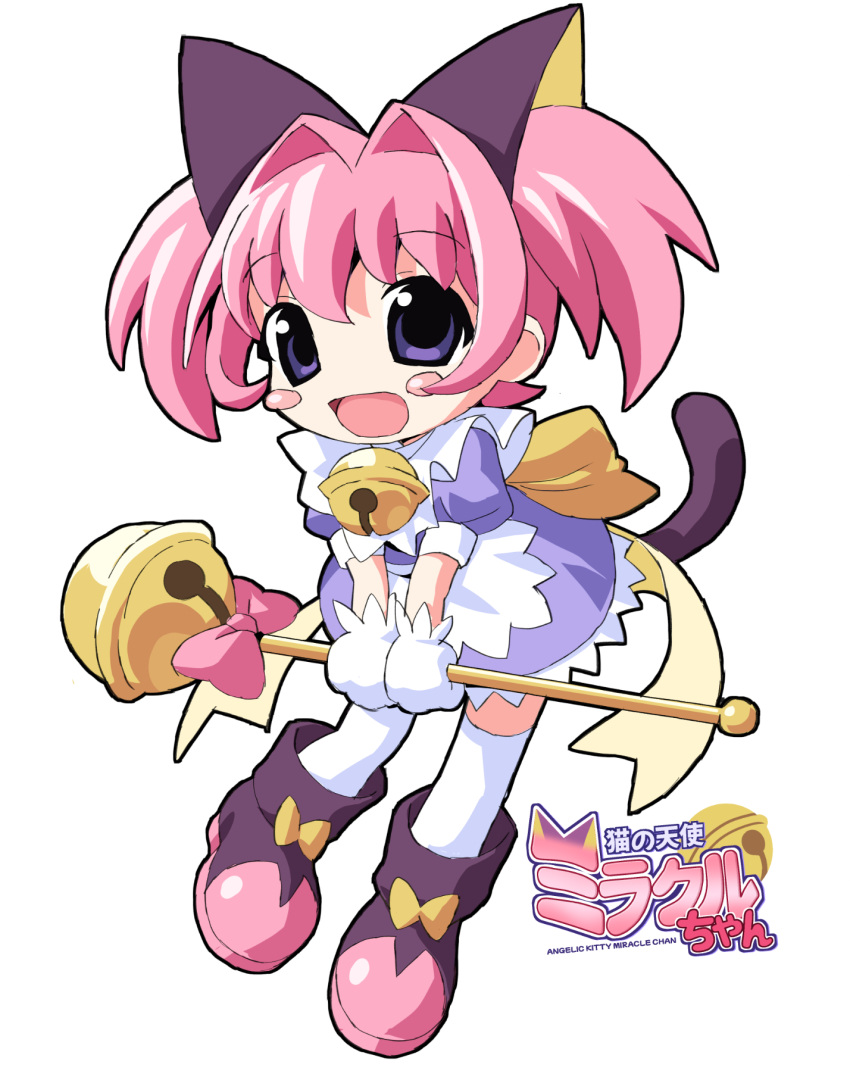 1girl animal_ears bell blush_stickers boots bow cat_ears cat_girl cat_tail colinarmis commentary dress full_body highres holding holding_scepter jingle_bell logo miracle-chan neck_bell open_mouth original pink_hair purple_dress scepter short_dress smile solo tail twintails violet_eyes yellow_bow