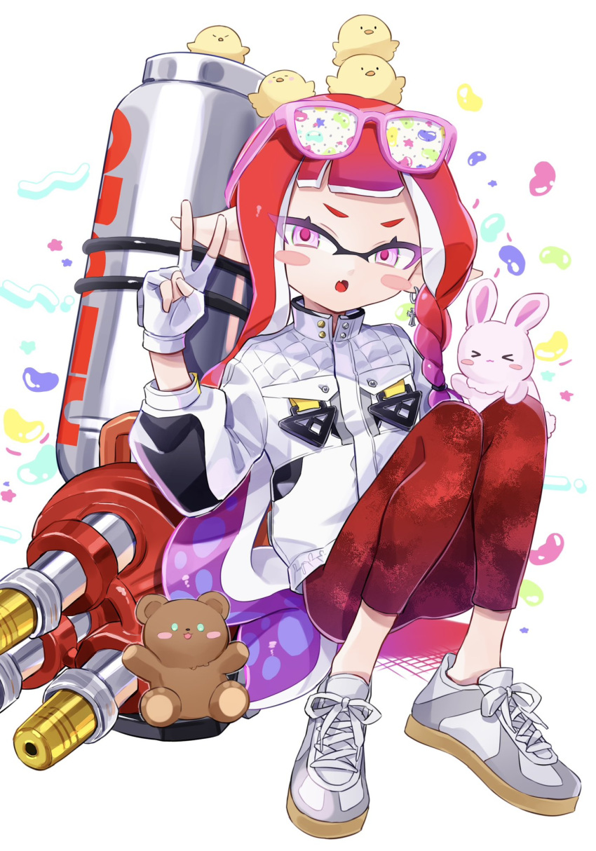 &gt;_&lt; 1girl bear bird chick cross-laced_footwear fang full_body gradient_hair highres hydra_splatling_(splatoon) inkling inkling_girl inkling_player_character jacket long_hair multicolored_hair open_mouth pants pink_eyes pink_fur pink_hair pointy_ears psya_ma rabbit red_pants redhead shoes sitting skin_fang solo splatoon_(series) tentacle_hair two-tone_hair v very_long_hair white_background white_jacket