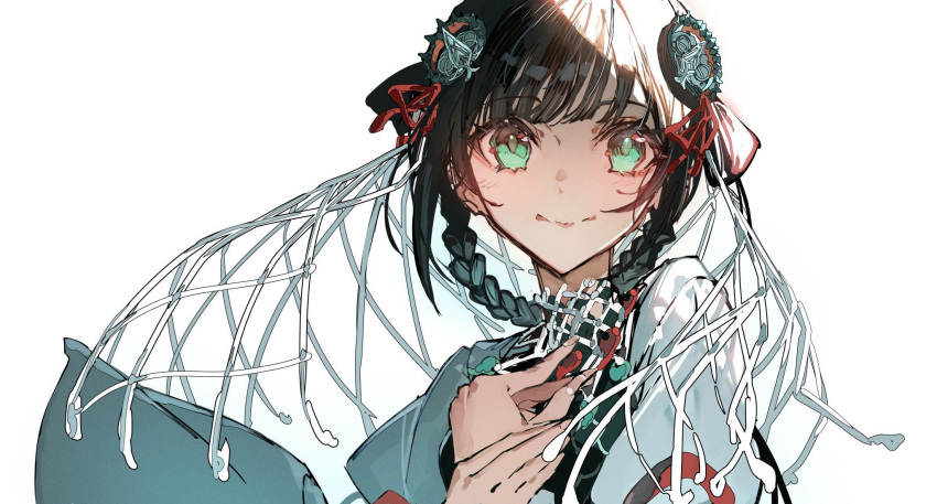 1girl black_hair blunt_bangs braided_hair_rings fate/samurai_remnant fate_(series) green_eyes hair_ornament hair_ribbon hands_on_own_chest highres jewelry looking_at_viewer mura_karuki necklace ototachibana-hime_(fate) puffy_sleeves red_ribbon ribbon simple_background smile solo white_background