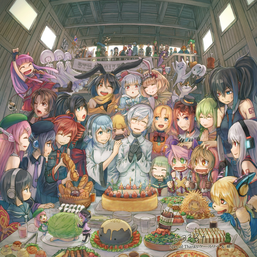 +_+ 6+boys 6+girls 633b :3 ahoge amaka_eru amane_luna anger_vein animal_ears anna_nyui annotation_request arm_up baguette banquet beret birthday_cake birthday_party black_choker black_gloves black_hair black_hat blonde_hair blue_eyes blue_hair bread brown_hair cake character_request chinese_clothes choker closed_eyes commentary_request crying defosuke demon_horns detached_sleeves double_v drooling earmuffs excited fang fangs fascinator fingerless_gloves food fork french_fries frown furry gloves green_eyes green_hair green_hat grey_hair hakaine_maiko hand_on_another's_head hand_on_another's_shoulder hands_on_own_chest happy_tears haruka_nana hat head_tilt headphones heart heart-shaped_pupils heterochromia highres holding holding_food holding_fork holding_knife holding_microphone horns indoors jacket kasane_ted kasane_teto kitchen_knife knife lettuce long_hair long_sleeves looking_at_another matsudappoiyo mechanical_ears microphone mini_person minigirl moai momone_momo mouth_drool multiple_boys multiple_girls nagone_mako namine_ritsu nene_nene nizimine_kakoi number_tattoo one_eye_closed open_mouth otoko_no_ko ouka_miko overexposure partially_annotated pink_hair rabbit_ears raised_fist red_eyes redhead robot_ears salad sandwich scarf sekka_yufu shirt shoboon short_hair shoulder_tattoo sleeveless sleeveless_shirt sleeves_past_fingers sleeves_past_wrists smile sukone_tei symbol-shaped_pupils table tail tattoo tears tongue tongue_out triangle_mouth twintails utane_oto utane_uta utau v v-shaped_eyebrows white_jacket white_shirt yellow_scarf yokune_ruko yurika_sai yurika_sayu zipper