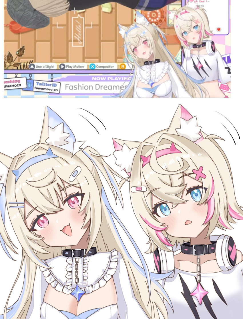 2girls animal_collar animal_ear_fluff animal_ears bandaid bandaid_hair_ornament blonde_hair blue_eyes blue_hair breasts collar cropped_shirt deararisu dog_ears dog_girl dog_tail dress fuwawa_abyssgard fuwawa_abyssgard_(1st_costume) hair_ornament hairclip headphones headphones_around_neck highres hololive hololive_english leaning_to_the_side long_hair mococo_abyssgard mococo_abyssgard_(1st_costume) multicolored_hair multiple_girls open_mouth photo-referenced pink_eyes pink_hair shirt siblings sisters streaked_hair t-shirt tail twins virtual_youtuber white_dress white_shirt x_hair_ornament