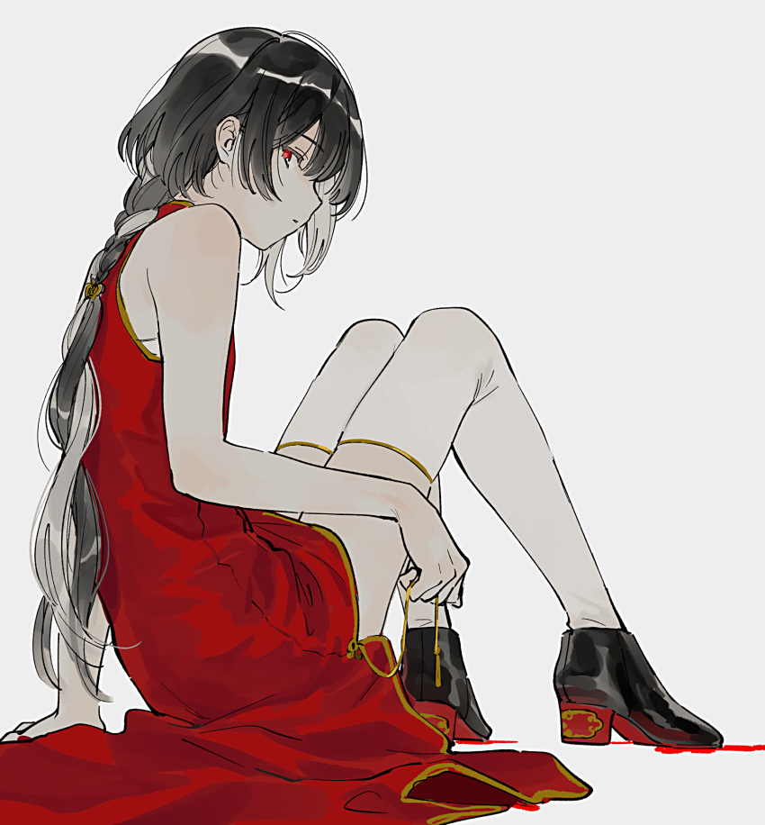 1boy bishounen black_footwear black_hair braid chinese_clothes closed_mouth crossdressing dm_owr dress expressionless from_side full_body hand_on_floor hand_on_own_leg highres knees_up long_hair looking_at_viewer male_focus multicolored_hair on_floor original red_dress red_eyes simple_background single_bare_shoulder single_braid single_sidelock sitting solo thigh-highs two-tone_hair white_thighhighs