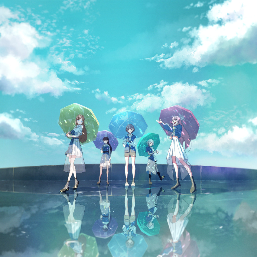 5girls absurdres aqua_umbrella bang_dream! bang_dream!_it's_mygo!!!!! bare_shoulders black_footwear blue_dress blue_eyes blue_jacket blue_sky blue_umbrella boots brown_hair chihaya_anon clouds commentary_request day dress earrings fishnet_thighhighs fishnets full_body green_umbrella grey_hair grey_shorts high_heels highres holding holding_umbrella jacket jewelry kaname_raana long_hair long_sleeves looking_at_viewer multiple_girls mygo!!!!!_(bang_dream!) nagasaki_soyo official_art open_mouth outdoors pink_hair pink_umbrella pleated_skirt purple_umbrella reflection see-through see-through_skirt see-through_sleeves shiina_taki shirt short_hair shorts shu_atelier single_thighhigh skirt sky smile standing standing_on_one_leg takamatsu_tomori thigh-highs umbrella violet_eyes wet_floor white_dress white_footwear white_hair white_shirt white_skirt