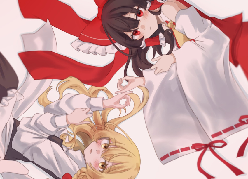 2girls ascot bare_shoulders black_vest blonde_hair blush bow braid brown_hair closed_mouth commentary_request detached_sleeves frilled_bow frilled_hair_tubes frills frown hair_bow hair_spread_out hair_tubes hakurei_reimu hands_up highres karasu2020_8 kirisame_marisa light_smile long_hair long_sleeves looking_at_viewer lying milestone_celebration multiple_girls no_headwear nontraditional_miko ok_sign on_side pinky_out red_bow red_eyes red_shirt ribbon-trimmed_sleeves ribbon_trim shirt sidelocks simple_background single_braid sleeveless sleeveless_shirt touhou upper_body vest white_background white_shirt wide_sleeves yellow_ascot yellow_eyes