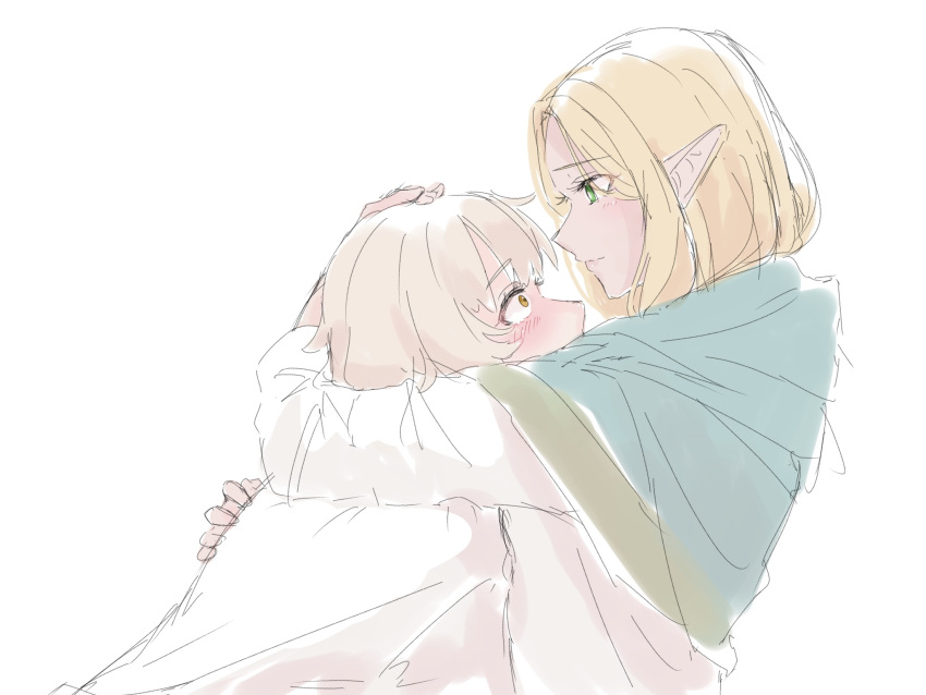 2girls blonde_hair blue_cape blush bright_pupils brown_eyes cape closed_mouth commentary_request dol_ce_hmhn dungeon_meshi elf falin_thorden falin_thorden_(tallman) green_eyes hand_on_another's_back hand_on_another's_head highres hug light_brown_hair looking_at_another marcille_donato multiple_girls pointy_ears shirt short_hair simple_background upper_body white_background white_pupils white_shirt yuri
