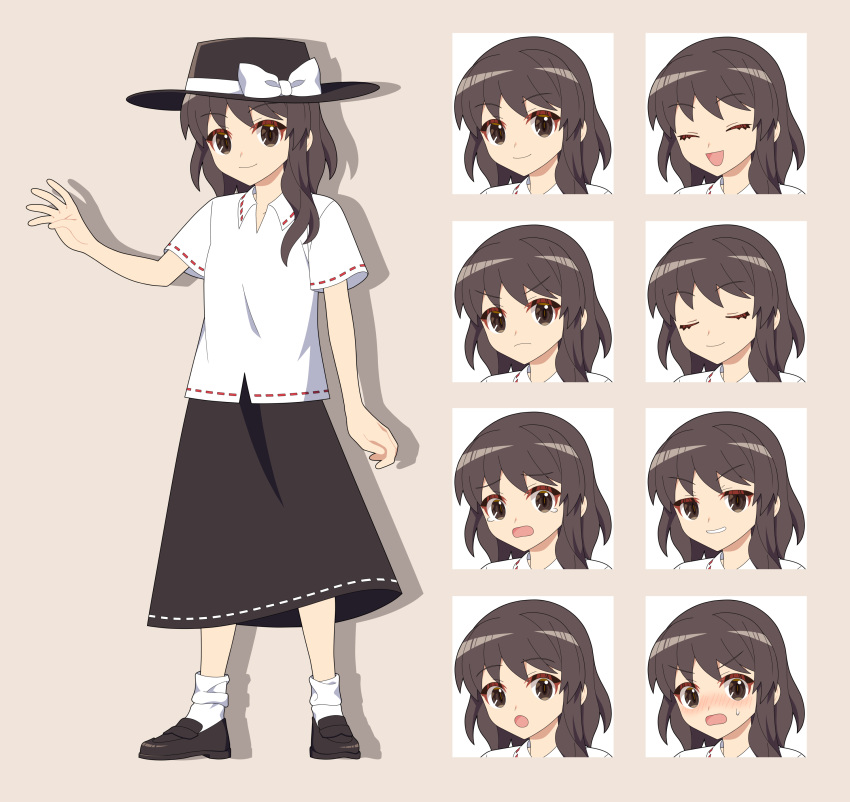 1girl 4rion absurdres black_footwear black_hat black_skirt blush bow brown_eyes brown_hair closed_eyes closed_mouth collared_shirt commentary_request expressions fedora full_body hat hat_bow highres loafers long_skirt looking_at_viewer multiple_views open_mouth shirt shoes short_sleeves simple_background skirt standing taboo_japan_disentanglement tachi-e touhou usami_renko white_bow white_shirt