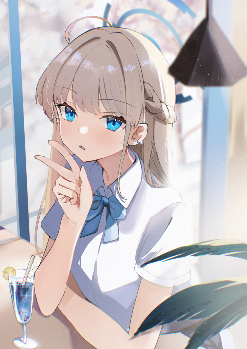 1girl absurdres black_skirt blonde_hair blue_archive blue_bow blue_bowtie blue_eyes blue_halo blush bow bowtie collared_shirt cup drink halo highres long_hair looking_at_viewer nohohon_neko open_mouth shirt short_sleeves skirt solo toki_(blue_archive) upper_body v white_shirt