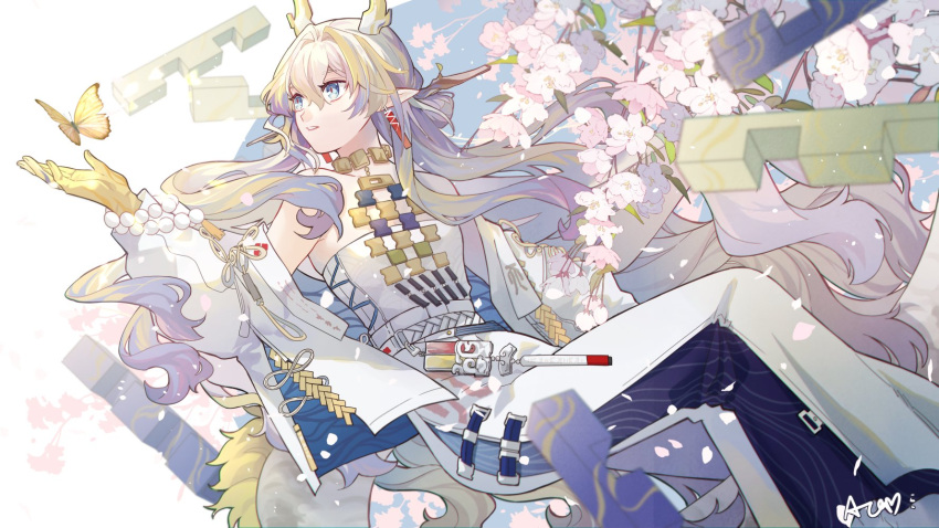 1girl arknights blonde_hair blue_eyes blue_hair bug butterfly chinese_commentary colored_skin commentary_request dragon_girl dragon_horns dragon_tail earrings feet_out_of_frame flower hair_ornament hairpin highres horns jacket jewelry looking_to_the_side multicolored_hair necklace pants pink_flower pointy_ears puyue shirt shu_(arknights) signature solo tail tassel tassel_earrings white_jacket white_pants white_shirt yellow_butterfly yellow_skin