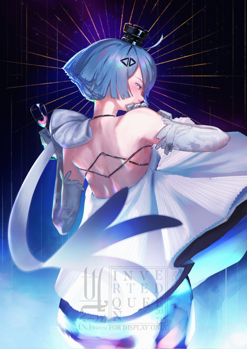 1girl ahoge blue_eyes blue_hair cowboy_shot cup dress elbow_gloves from_behind girls_frontline gloves hair_ornament highres holding holding_cup invertedqueen looking_at_viewer looking_back official_alternate_costume short_hair solo watermark white_dress white_gloves zas_m21_(girls'_frontline) zas_m21_(white_queen)_(girls'_frontline)