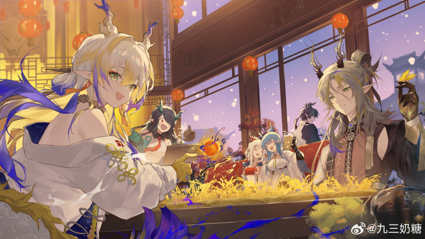 2boys 4girls :d ^_^ absurdres architecture arknights bare_shoulders beer_mug black_hair black_jacket black_skin blonde_hair blue_hair blue_horns chong_yue_(arknights) closed_eyes closed_mouth colored_skin cup dragon_boy dragon_girl dragon_horns dragon_tail dusk_(arknights) east_asian_architecture gradient_skin green_eyes green_hair green_skin grey_hair hair_between_eyes hair_ornament hair_over_one_eye hair_stick hand_up highres holding holding_cup horns jacket jiusan_naitang lantern ling_(arknights) long_hair long_sleeves looking_at_viewer mug multicolored_hair multiple_boys multiple_girls necktie nian_(arknights) off_shoulder open_clothes open_jacket open_mouth pointy_ears ponytail red_eyes red_horns red_necktie shirt shu_(arknights) smile strapless streaked_hair tail tube_top upper_body watermark weibo_logo white_hair white_jacket white_shirt yellow_necktie yellow_skin zhi_(arknights)