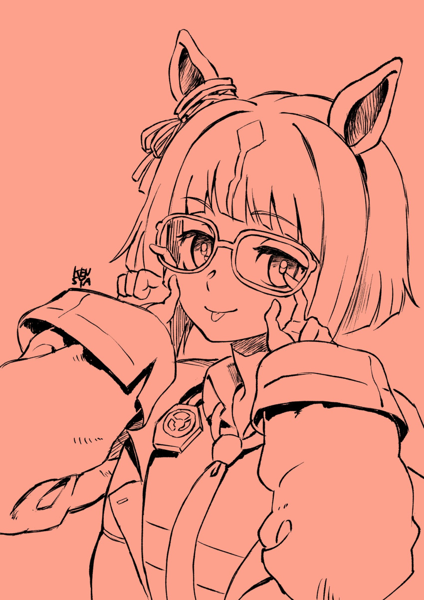 1girl animal_ears artist_name closed_mouth coat collared_shirt ear_ornament glasses hands_up highres horse_ears ken-sya lensless_glasses long_sleeves looking_at_viewer monochrome necktie shirt short_hair smile solo tongue tongue_out transcend_(umamusume) umamusume upper_body