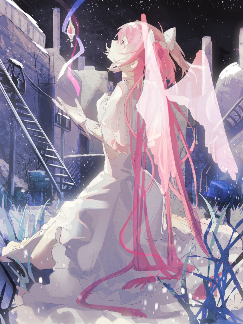 1girl absurdres bow building chinese_commentary commentary_request dress from_side full_body goddess_madoka grass hair_bow hand_on_own_chest hands_up highres kaname_madoka kneeling ladder long_hair looking_up mahou_shoujo_madoka_magica mahou_shoujo_madoka_magica_(anime) night night_sky outdoors pink_eyes pink_hair profile sky solo star_(sky) starry_sky transparent_wings two_side_up white_dress wings xinshenger876