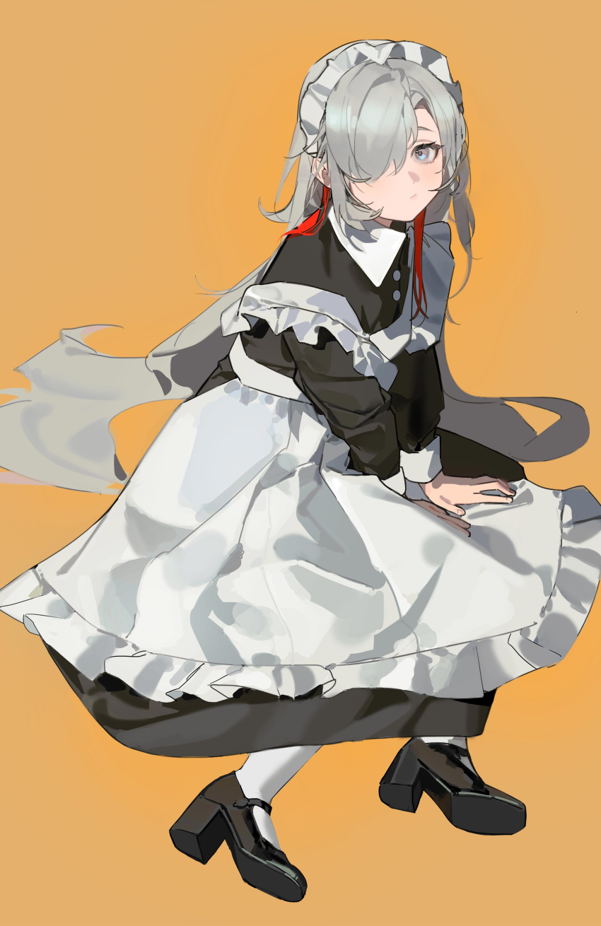 1girl absurdres alternate_costume apron black_dress collared_dress commentary dress frilled_apron frills from_side full_body grey_eyes grey_hair hair_ornament hair_over_one_eye high_heels highres isekaijoucho kamitsubaki_studio long_hair long_sleeves looking_at_viewer maid maid_apron maid_headdress multicolored_hair on_floor pantyhose redhead rosehip_t72 simple_background sitting solo streaked_hair symbol-only_commentary two-tone_hair very_long_hair virtual_youtuber white_pantyhose yellow_background yokozuwari