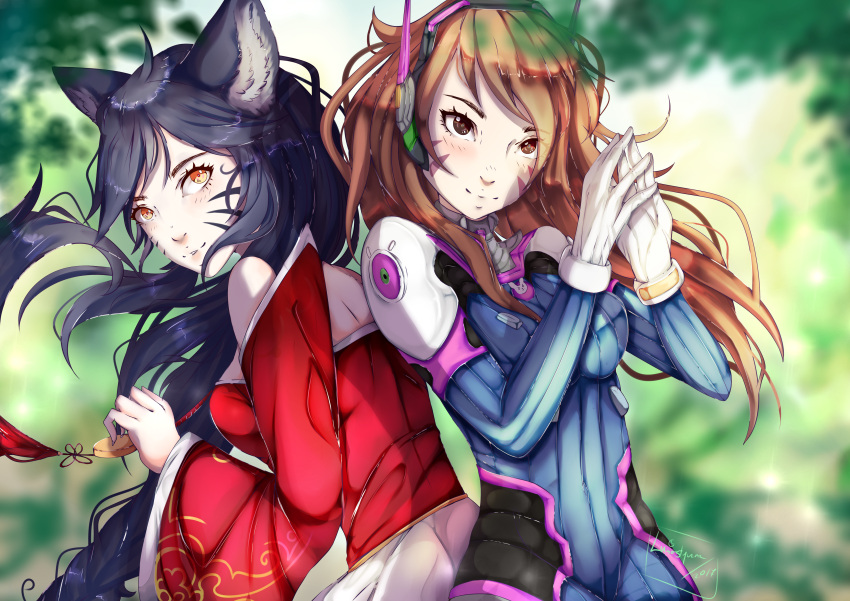 2girls absurdres ahri_(league_of_legends) animal_ears black_hair blue_bodysuit blurry blurry_background blurry_foreground bodysuit brown_eyes brown_hair crossover d.va_(overwatch) dated detached_hair detached_sleeves facepaint facial_mark forest fox_ears fox_girl green_background headphones headset highres league_of_legends long_hair long_sleeves multiple_girls nature overwatch own_fingers_together polish_commentary shoulder_pads signature skin_tight smile styczna very_long_hair whisker_markings wide_sleeves