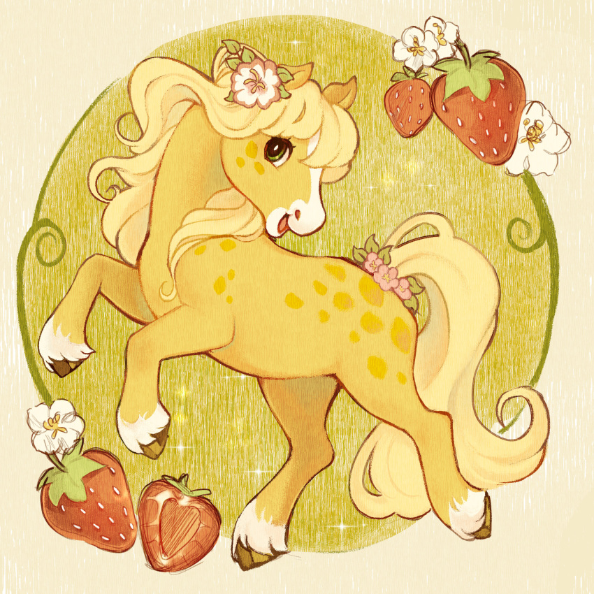 abstract_background animal_focus blonde_hair daffidaizy flower food fruit green_eyes hair_flower hair_ornament highres honey_pie_pony hooves horse mane no_humans open_mouth smile sparkle spots strawberry strawberry_shortcake_(copyright) tail tail_flower tail_ornament