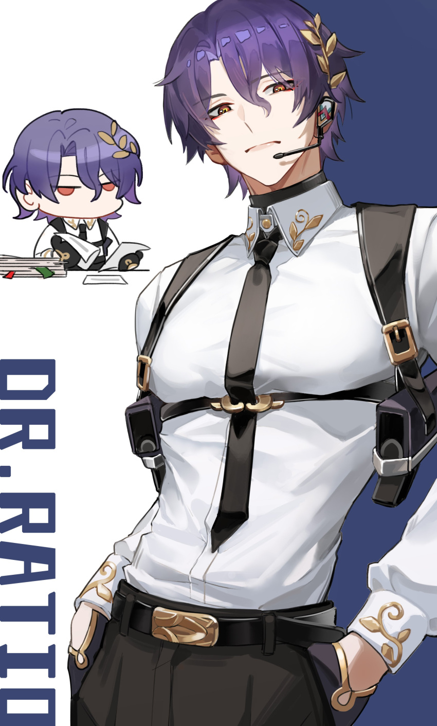 1boy 625light absurdres black_necktie black_pants character_name chest_harness chibi collared_shirt commentary cowboy_shot dr._ratio_(honkai:_star_rail) english_commentary hands_in_pockets harness headphones highres honkai:_star_rail honkai_(series) long_sleeves looking_at_viewer necktie pants purple_hair shirt solo white_shirt yellow_eyes