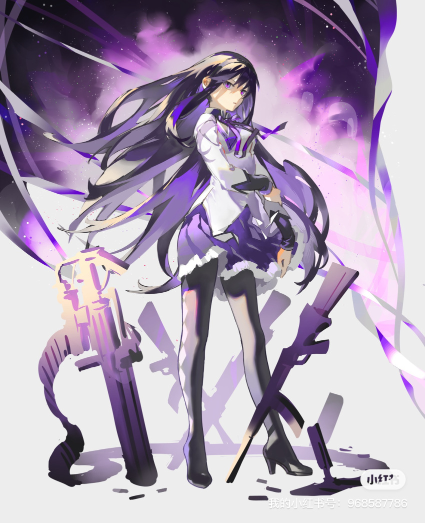 1girl akemi_homura argyle_clothes argyle_legwear black_footwear black_hair boots capelet floating_hair frilled_skirt frills from_side full_body gun hand_on_own_arm high_heel_boots high_heels highres jacket labroiy long_hair long_sleeves looking_at_viewer magical_girl mahou_shoujo_madoka_magica mahou_shoujo_madoka_magica_(anime) neck_ribbon parted_lips purple_background purple_capelet purple_ribbon purple_skirt ribbon serious skirt solo standing thigh_boots violet_eyes watermark weapon white_background white_jacket