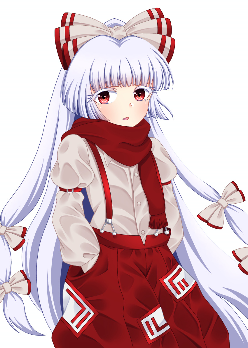 1girl absurdres blue_hair bow buttons cipher_(user_watm8555) commentary_request cowboy_shot fujiwara_no_mokou hair_bow hands_in_pockets highres light_blue_hair long_hair long_sleeves looking_at_viewer ofuda ofuda_on_clothes pants parted_lips red_eyes red_pants red_scarf scarf shirt simple_background sleeve_garter solo standing suspenders touhou very_long_hair white_background white_bow white_shirt