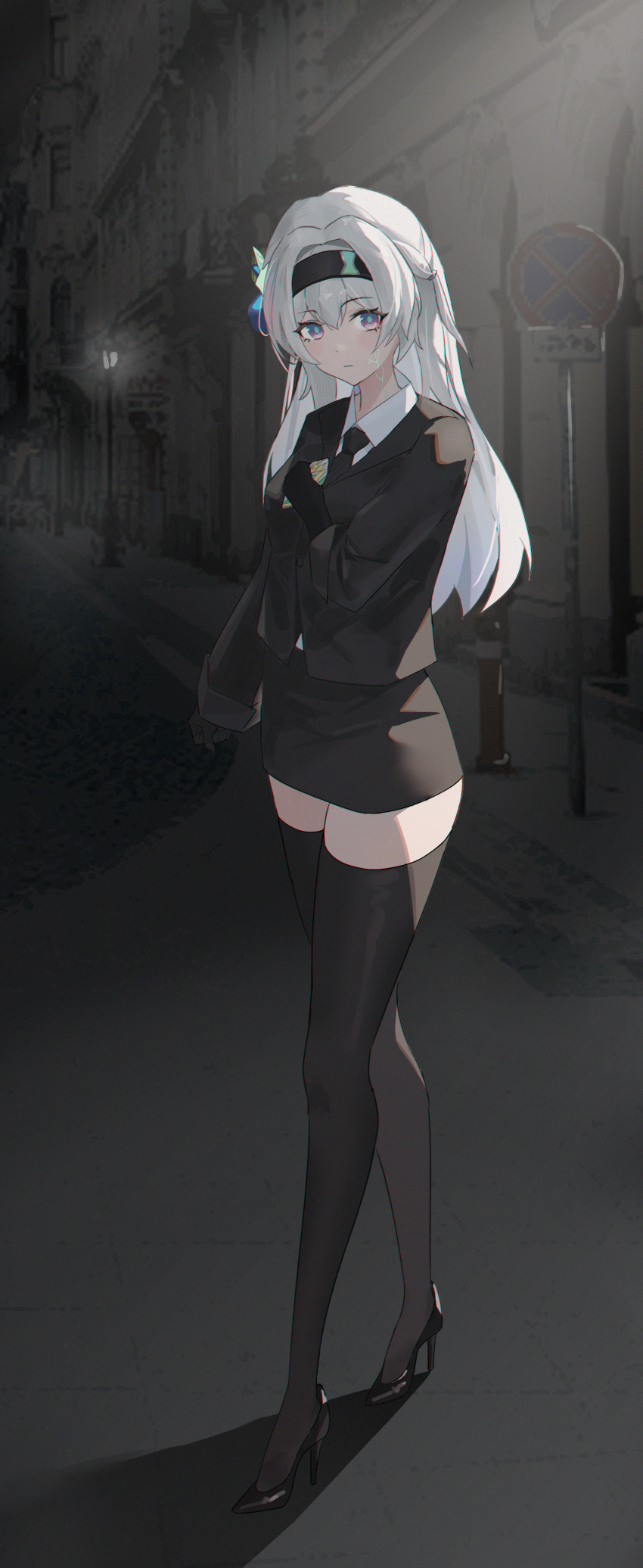 1girl absurdres black_necktie black_thighhighs blush business_suit closed_mouth cracked_skin firefly_(honkai:_star_rail) full_body hair_between_eyes hair_intakes hairband high_heels highres honkai:_star_rail honkai_(series) lamppost long_hair looking_at_viewer multicolored_eyes necktie night p1wen pink_eyes sign solo suit thigh-highs zettai_ryouiki