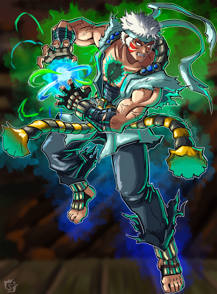 absurdres alternate_color alternate_costume alternate_eye_color alternate_hair_color angry armor aura bandana barefoot blue_gemstone capcom clenched_teeth corruption dark_persona dougi evil_ryu facial_tattoo fierce_deity fingerless_gloves gem gloves glowing hadouken highres hole hole_in_chest hole_on_body looking_to_the_side nintendo possessed ryu_(street_fighter) short_hair short_sleeves stoic_seraphim street_fighter super_smash_bros. tattoo teeth the_legend_of_zelda the_legend_of_zelda:_majora's_mask white_eyes white_hair