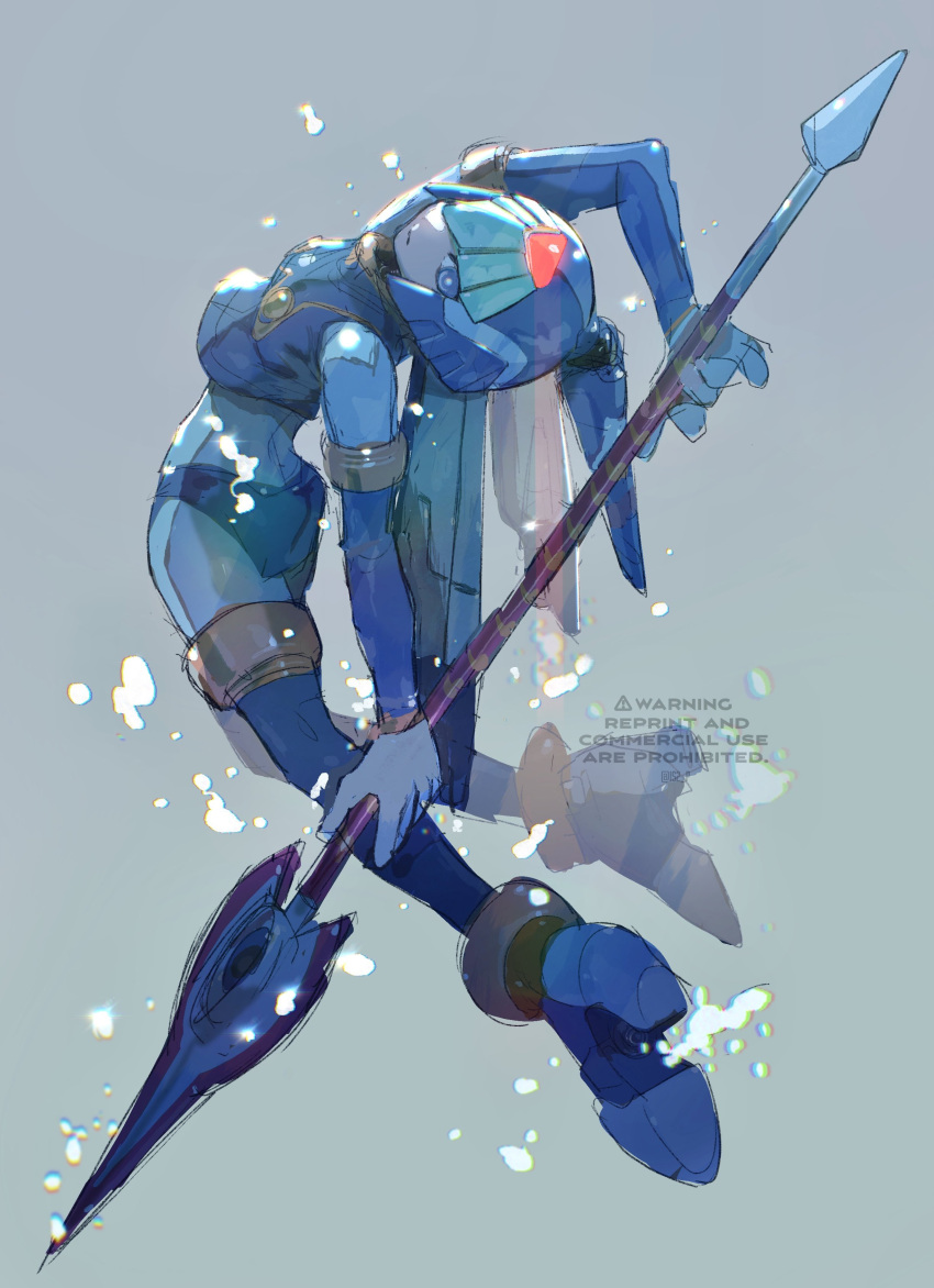 absurdres android armor bent_back blue_eyes blue_helmet blue_shirt fairy_leviathan_(mega_man) fins forehead_jewel from_behind head_fins highres holding holding_polearm holding_weapon lance looking_at_viewer looking_back mega_man_(series) mega_man_zero_(series) polearm shirt submerged tanaka_(is2_p) twitter_username underwater watermark weapon