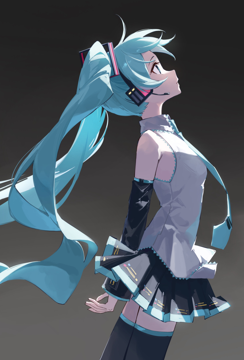 1girl aqua_eyes aqua_hair aqua_necktie black_footwear black_skirt black_sleeves boots closed_mouth collared_shirt detached_sleeves from_side gradient_background grey_shirt hair_ornament hatsune_miku headphones headset highres long_hair miku_day necktie pleated_skirt rakugaki_ningen shirt simple_background skirt sleeveless sleeveless_shirt solo standing thigh_boots tie_clip twintails very_long_hair very_long_sleeves vocaloid