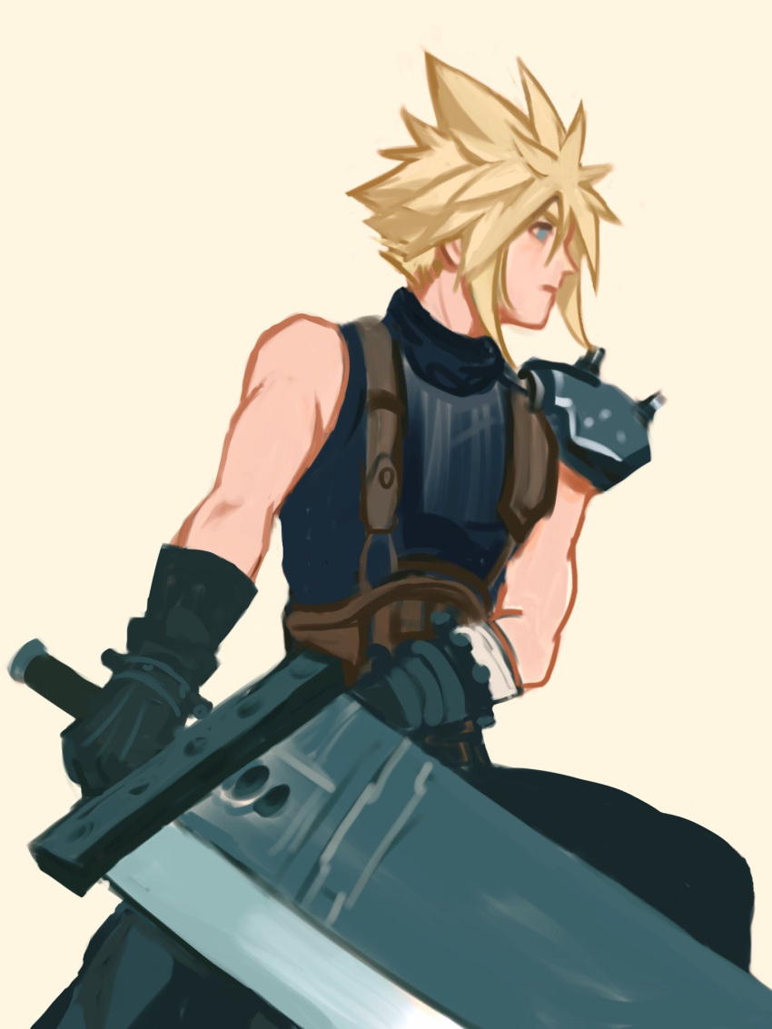 1boy armor baggy_pants black_gloves blonde_hair blue_eyes buster_sword chocobowings closed_mouth cloud_strife commentary cowboy_shot final_fantasy final_fantasy_vii final_fantasy_vii_remake gloves highres holding holding_sword holding_weapon huge_weapon looking_to_the_side male_focus pants profile ribbed_sweater short_hair shoulder_armor simple_background single_bare_shoulder sleeveless sleeveless_turtleneck solo spiky_hair suspenders sweater sword turtleneck turtleneck_sweater weapon