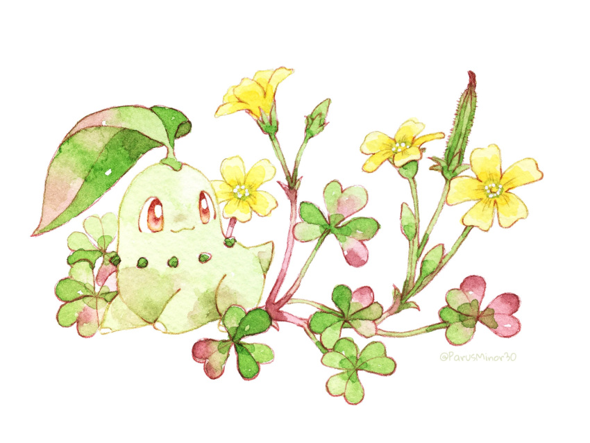 animal_focus artist_name chako_(parusminor30) chikorita closed_mouth colored_skin commentary_request flower green_flower green_skin highres leaf no_humans plant pokemon pokemon_(creature) red_eyes sitting smile tail twitter_username yellow_flower