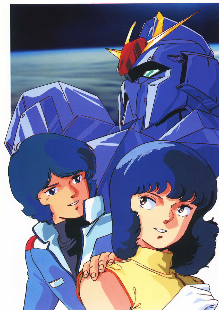 1980s_(style) 1boy 1girl cover derivative_work earth_(planet) fa_yuiry gloves grin gundam hand_on_another's_shoulder happy highres in_orbit jacket kamille_bidan key_visual kitazume_hiroyuki looking_to_the_side magazine_cover mecha mobile_suit official_art planet production_art promotional_art retro_artstyle robot scan science_fiction smile space traditional_media uniform upper_body v-fin white_background zeta_gundam zeta_gundam_(mobile_suit)