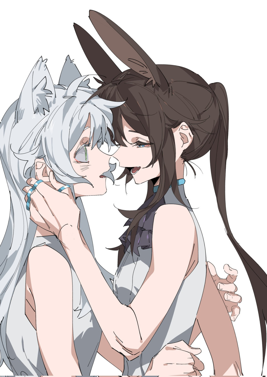 2girls amiya_(arknights) animal_ear_fluff animal_ears arknights ascot bare_arms blue_eyes brown_hair cat_ears commentary corrupted_twitter_file eye_contact from_side half-closed_eyes hand_on_another's_neck highres jewelry long_hair looking_at_another molu_stranger multiple_girls multiple_rings noses_touching open_mouth ponytail profile purple_ascot rabbit_ears ring rosmontis_(arknights) shirt simple_background sleeveless sleeveless_shirt smile upper_body white_background white_hair white_shirt yuri