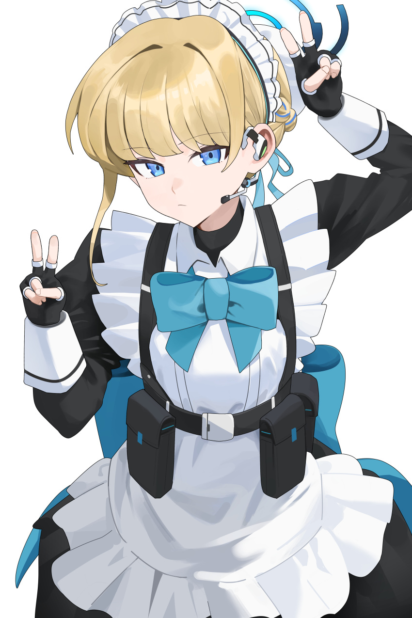1girl absurdres apron arm_up belt_pouch black_gloves black_skirt blonde_hair blue_archive blue_bow blue_bowtie blue_eyes bow bowtie braid breasts bun_cover closed_mouth cowboy_shot double_v earpiece fingerless_gloves gloves hand_up highres looking_at_viewer maid maid_apron maid_headdress pouch short_hair simple_background skirt small_breasts solo toki_(blue_archive) v white_apron white_background yulmu98999