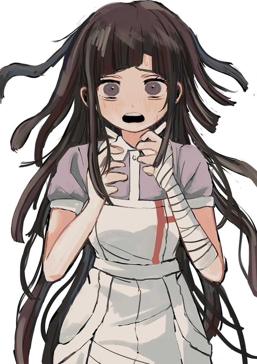 1girl apron bandaged_arm bandages bian_(higanp_1) blunt_bangs blunt_ends buttons collar collared_shirt commentary_request cowboy_shot danganronpa_(series) danganronpa_2:_goodbye_despair eyelashes frown highres light_blush long_hair looking_at_viewer messy_hair nervous open_mouth parted_bangs puffy_short_sleeves puffy_sleeves purple_hair purple_shirt purple_sleeves shirt short_sleeves simple_background solo straight-on sweat teeth tsumiki_mikan upper_teeth_only very_long_hair violet_eyes white_apron white_background white_collar