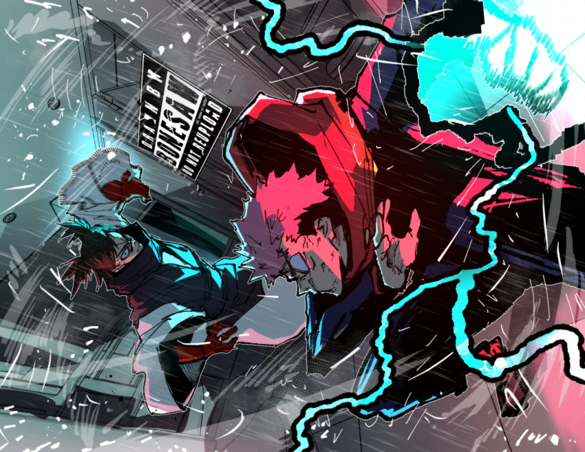 2boys absurdres artist_name bathroom battle black_eyes black_hair blank_eyes blood blood_on_hands bonesaw_(artist) choso_(jujutsu_kaisen) clenched_hand closed_mouth cursed_energy dutch_angle facial_tattoo fighting_stance fire_sprinkler gakuran glowing high_collar highres hood hoodie imminent_punch indoors itadori_yuuji japanese_clothes jujutsu_kaisen jujutsu_tech_uniform long_sleeves looking_at_another male_focus multiple_boys open_hand outline pants pink_hair red_footwear red_hood red_hoodie robe school_uniform short_hair small_pupils speed_lines spiky_hair tattoo tile_floor tiles twintails undercut v-shaped_eyebrows water_drop white_outline white_robe wide_sleeves